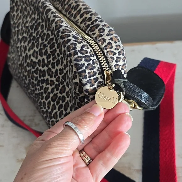 Clare V. Midi Sac Crossbody In Leopard Suede With Red/Navy Strap Bags